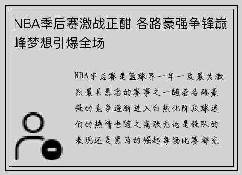 NBA季后赛激战正酣 各路豪强争锋巅峰梦想引爆全场