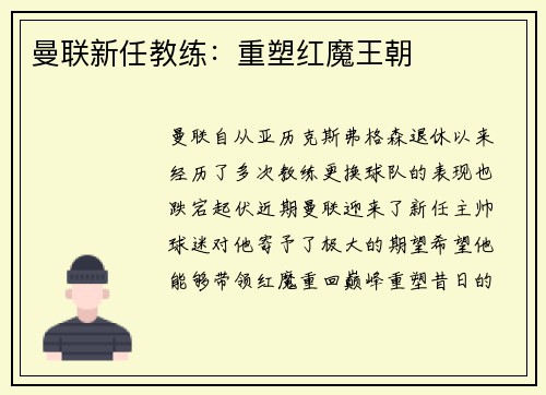 曼联新任教练：重塑红魔王朝
